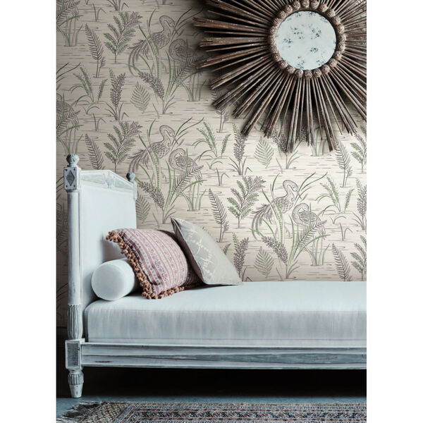 Grandmillennial Black Green Fernwater Cranes Pre Pasted Wallpaper - SAMPLE SWATCH ONLY, image 6