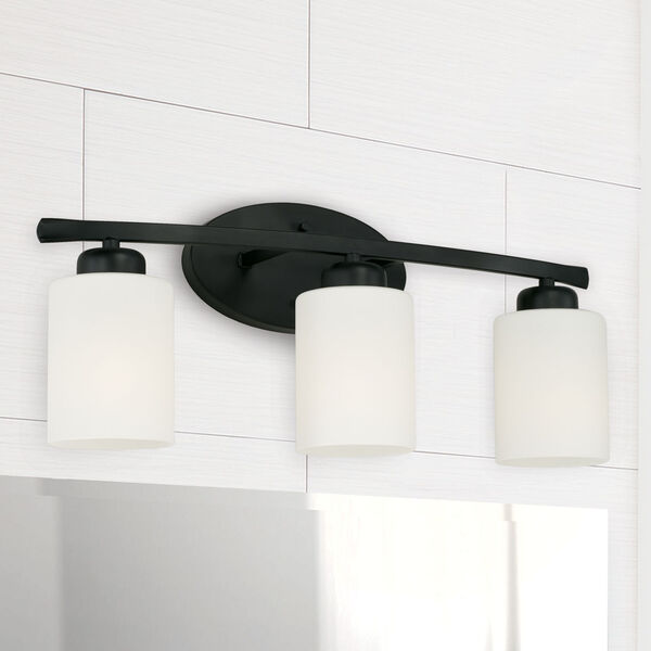 HomePlace Dixon Matte Black Three-Light Bath Vanity with Soft White Glass Shades, image 3