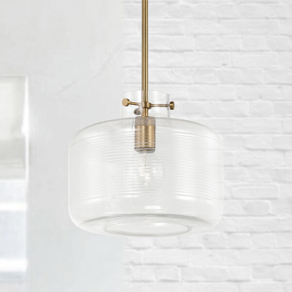 Brighton Aged Brass One-Light Pendant with Clear Ribbed Glass, image 2