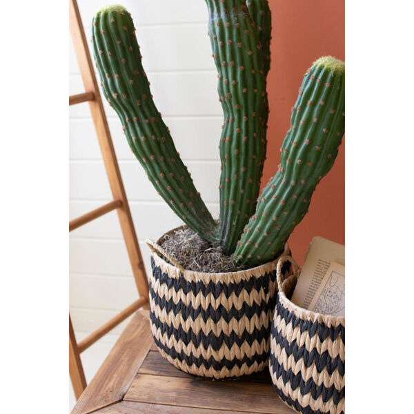 Rattan Wood Tall Round Black Natural Seagrass Baskets Handles, Set of Two, image 3