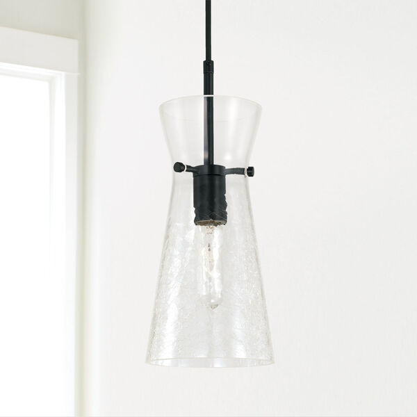 Mila Matte Black One-Light Mini Pendant with Clear Half-Crackle Tapered Glass, image 2
