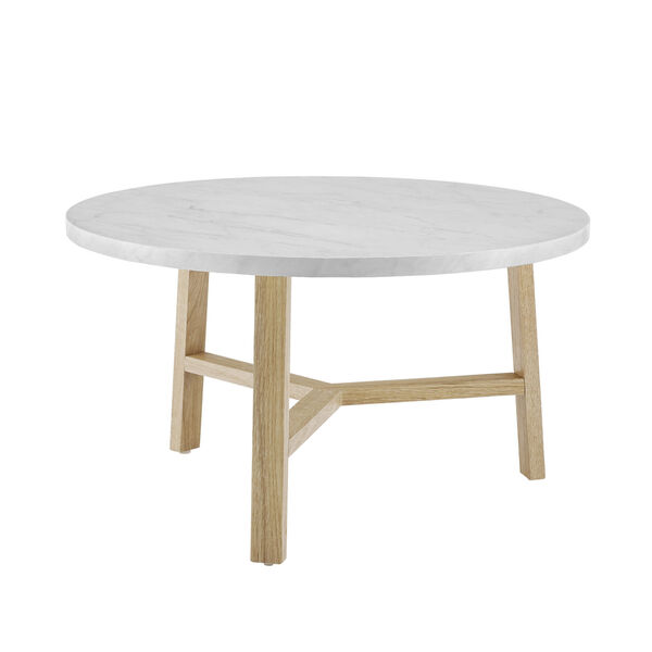 White Marble and Light Oak Round Coffee Table, image 3