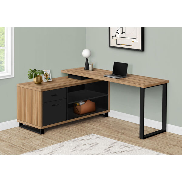 Natural and Black Computer Desk with Drawers and Shelves, image 2