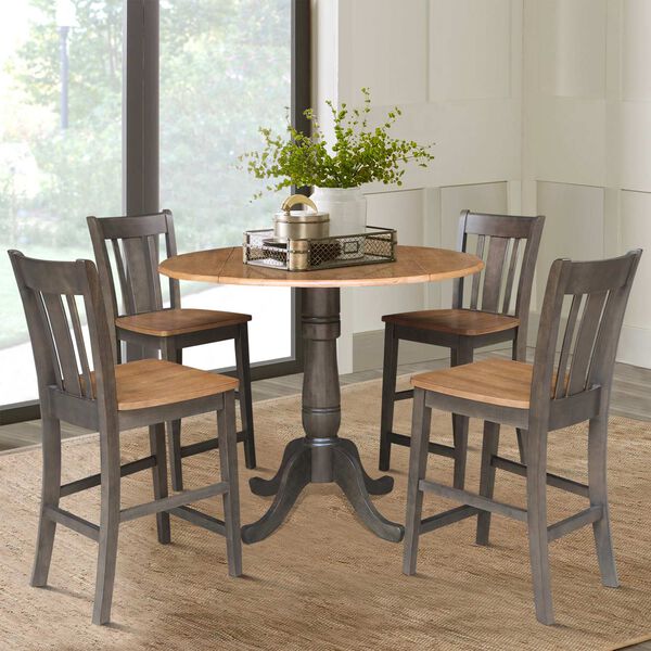 Hickory Washed Coal Round Dual Drop Leaf Counter Height Dining Table with 2 Splatback Stools, 5 Piece Set, image 3