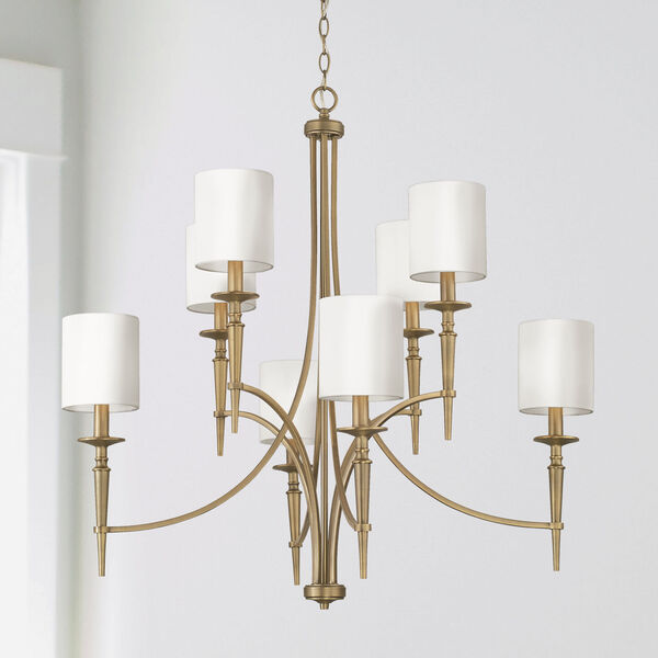 Abbie Aged Brass Eight-Light Chandelier with White Fabric Stay Straight Shades, image 2