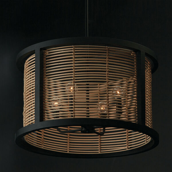 Rico Flat Black Four-Light Pendant Made with Handcrafted Mango Wood and Rattan, image 6