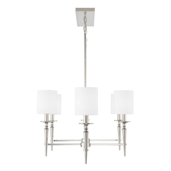 Abbie Polished Nickel and White Six-Light Island Chandelier with White Fabric Stay Straight Shades, image 3