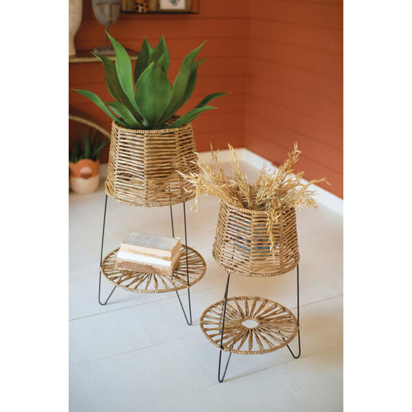 Rattan Wood Seagrass Iron Planters, Set of Two, image 1