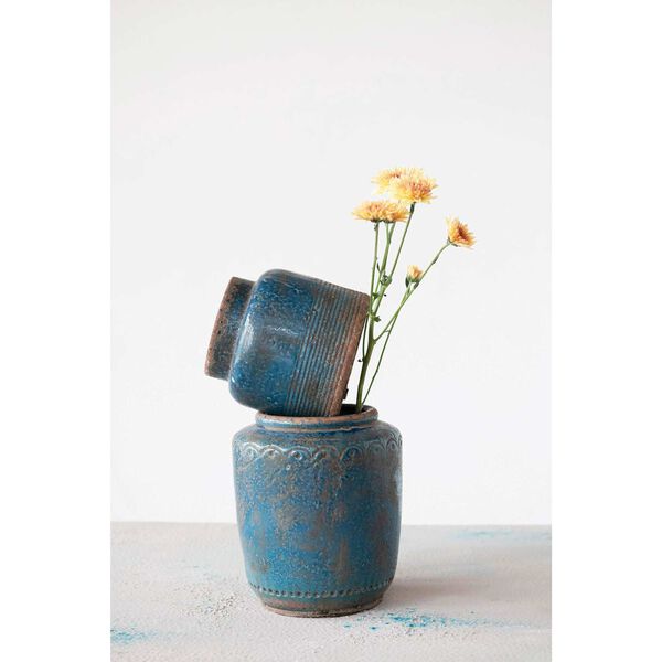 Distressed Blue Debossed Terra-Cotta Eight-Inch Vase, image 6