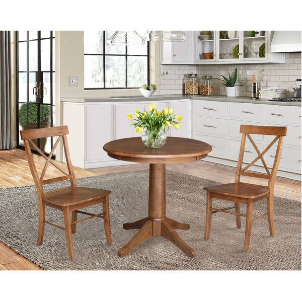Distressed Oak 30-Inch Round Top Pedestal Table with Two X-Back Chair, Set of Three, image 1