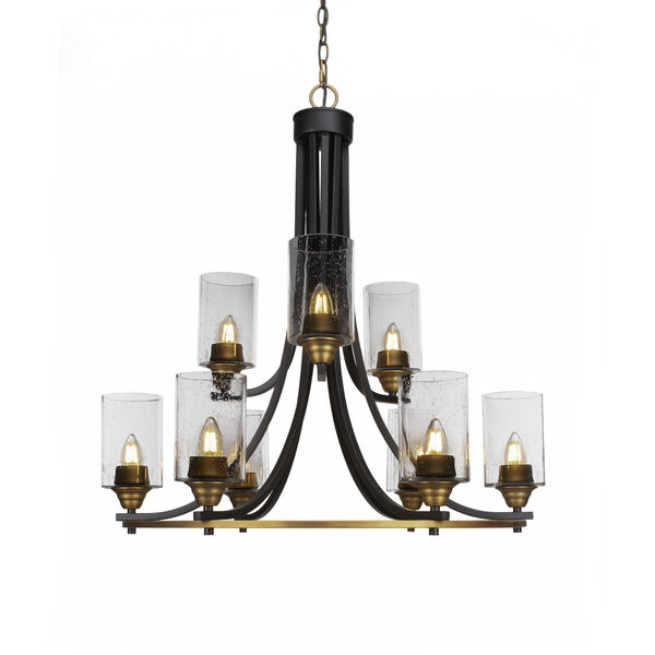 Paramount Matte Black and Brass 29-Inch Nine-Light Chandelier with Clear Bubble Glass Shade, image 1
