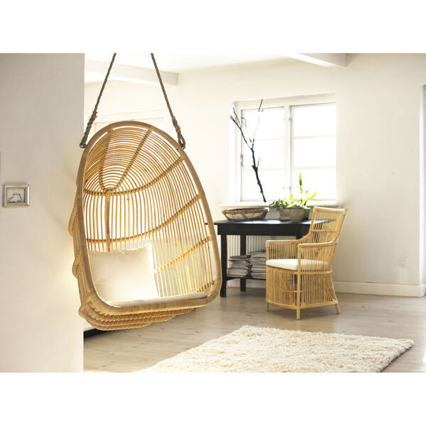 Renoir Natural Rattan Hanging Swing Chair with Tempotest White Canvas Cushion, image 4