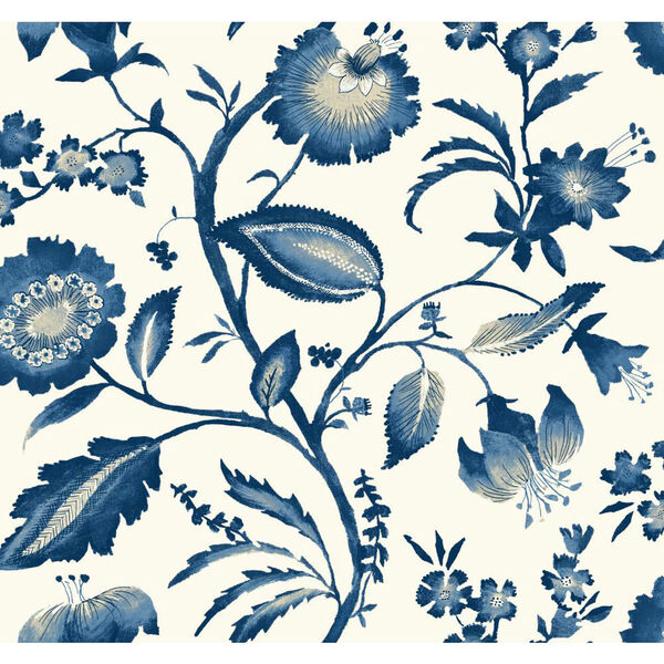 Ashford House Tropics Off-White and Blue Watercolor Jacobean Wallpaper: Sample Swatch Only, image 1