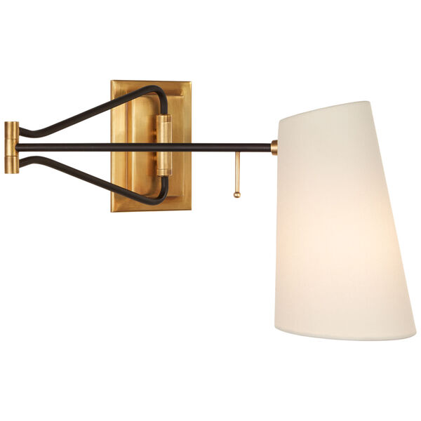 Keil Medium Swing Arm Wall Light in Hand-Rubbed Antique Brass and Black with Linen Shade by AERIN, image 1