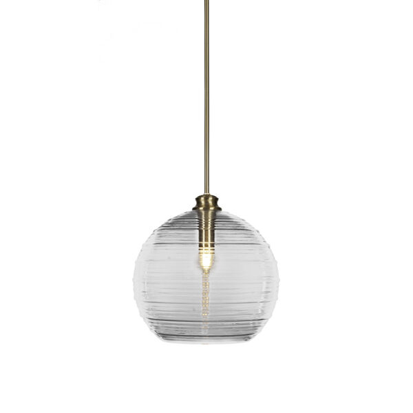 Malena New Age Brass 14-Inch One-Light Stem Hung Pendant with Clear Ribbed Glass Shade, image 1
