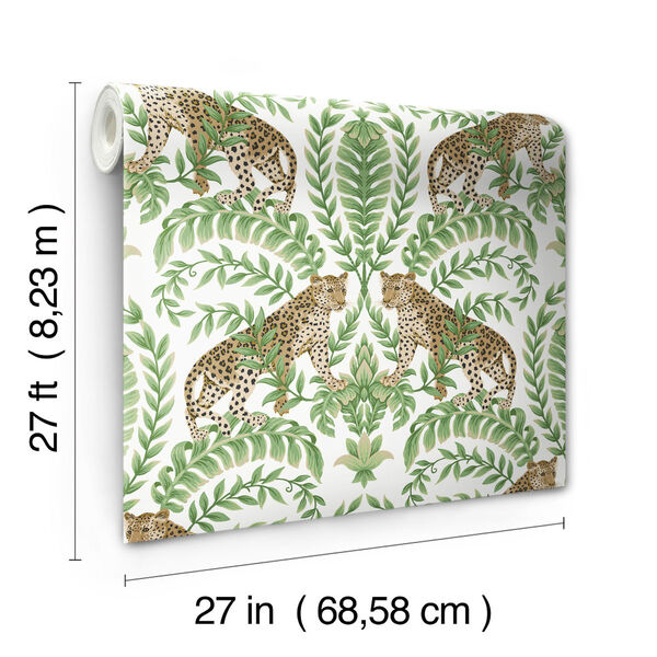 Ronald Redding 24 Karat White and Green Jungle Leopard Wallpaper, image 4