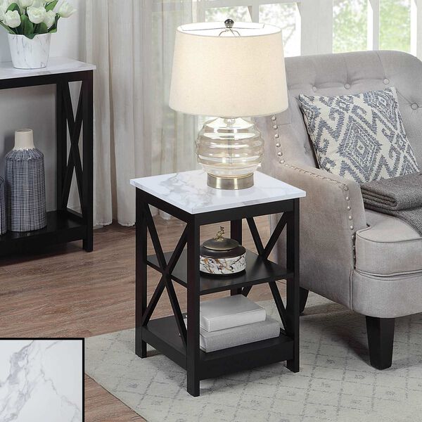 Oxford White Faux Marble and Black End Table with Shelves, image 2