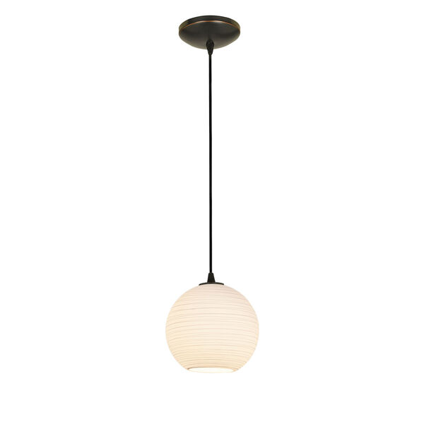 Japanese Lantern Oil Rubbed Bronze Eight-Inch LED Cord Mini Pendant with White Lined Glass Shade, image 1