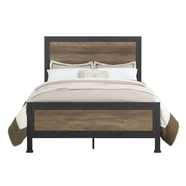 Queen Size Industrial Wood and Metal Bed - Rustic Oak, image 2