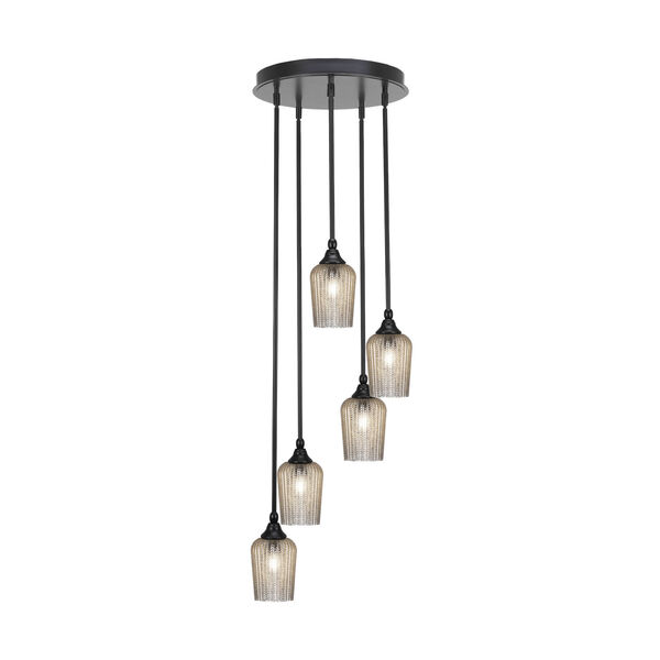 Empire Matte Black Five-Light Pendant with Silver Textured Glass, image 1