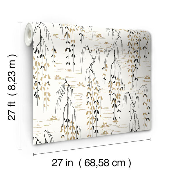 Ronald Redding Tea Garden White, Black and Gold Willow Branches Wallpaper, image 3