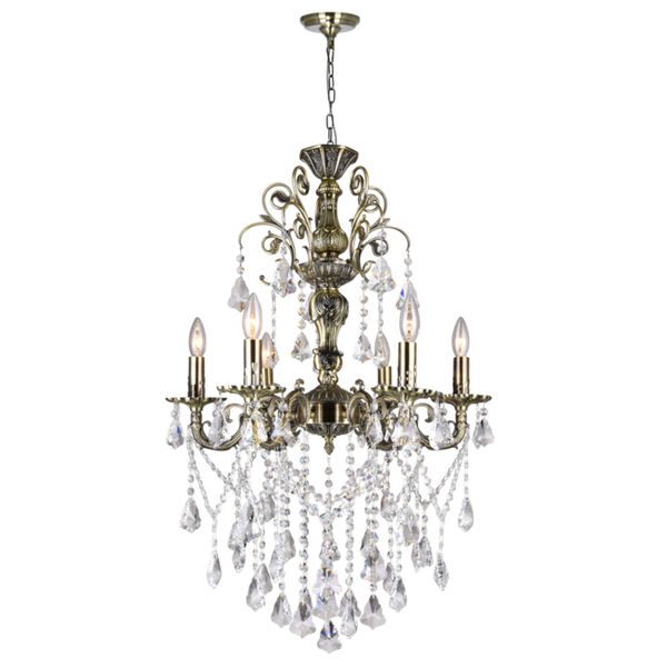 Antique Brass Six-Light 33-Inch Chandelier with K9 Clear Crystal, image 1