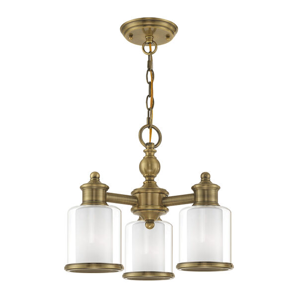 Middlebush Antique Brass 16-Inch Three-Light Convertible Mini Chandelier with Clear and Satin Opal White Glass, image 3