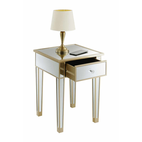 Gold Coast Champagne Mirror Mirrored End Table with Drawer, image 3