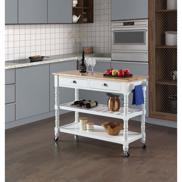 French Country Butcher Block White Three-Tier Butcher Block Kitchen Cart with Drawers, image 1