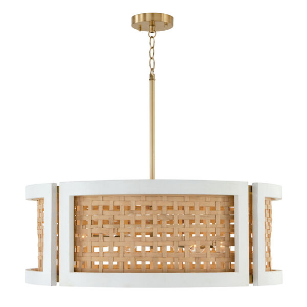 Lola Flat White and Matte Brass Six-Light Chandelier Made with Handcrafted Mango Wood and Rattan, image 1