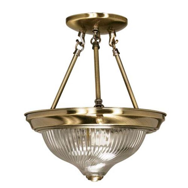 Antique Brass Two-Light Semi Flush Mount with Clear Swirl Glass, image 1