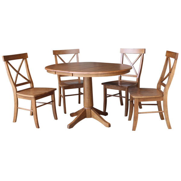 Distressed Oak 30-Inch Round Extension Dining Table with Four X-Back Chair, image 1