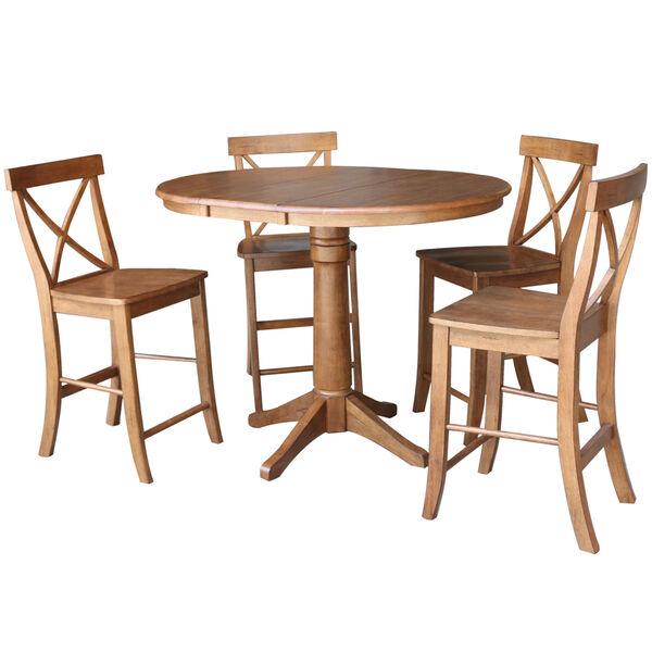 Distressed Oak 36-Inch Round Extension Dining Table with Four X-Back Stool, image 1