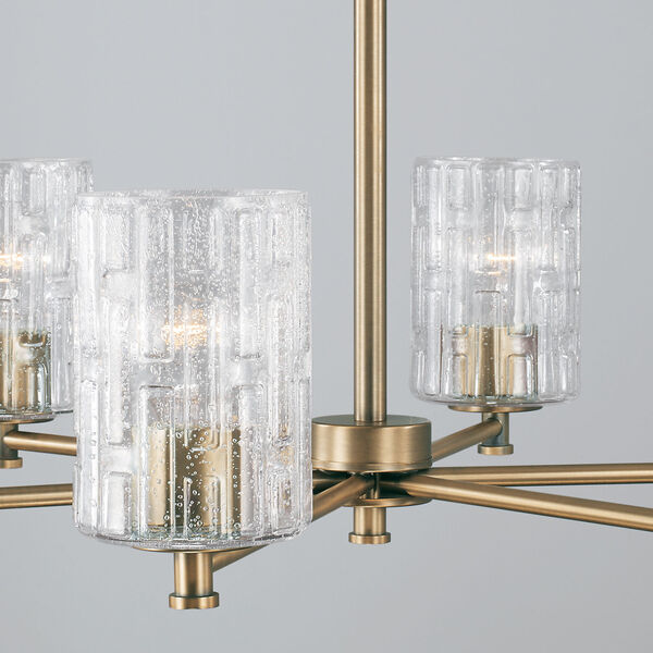 Emerson Aged Brass Six-Light Chandelier with Embossed Seeded Glass, image 4