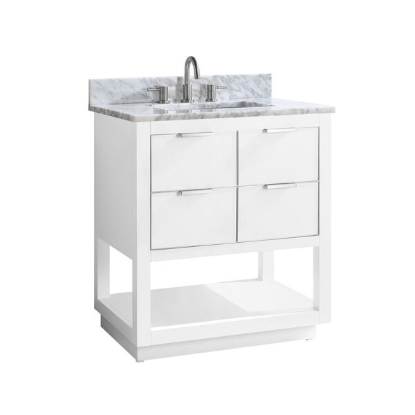 White 31-Inch Bath vanity with Silver Trim and Carrara White Marble Top, image 2