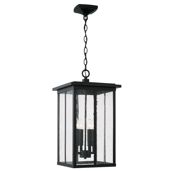 Barrett Black Four-Light Outdoor Hanging Lantern Pendant with Antiqued Glass, image 1