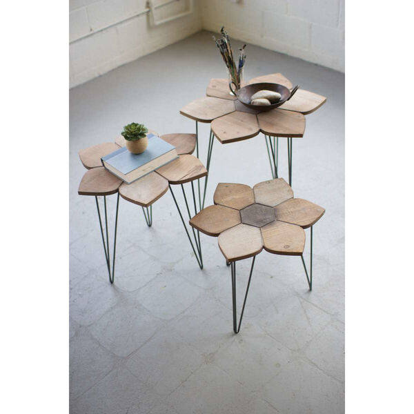 Natural and Dark Grey Flower Side Tables with Wooden Tops, Set of 3, image 1
