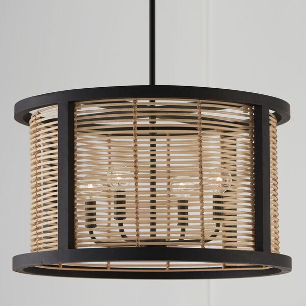 Rico Flat Black Four-Light Pendant Made with Handcrafted Mango Wood and Rattan, image 5