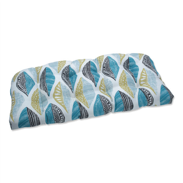 Leaf Block Teal and Citron Wicker Loveseat Cushion, image 1