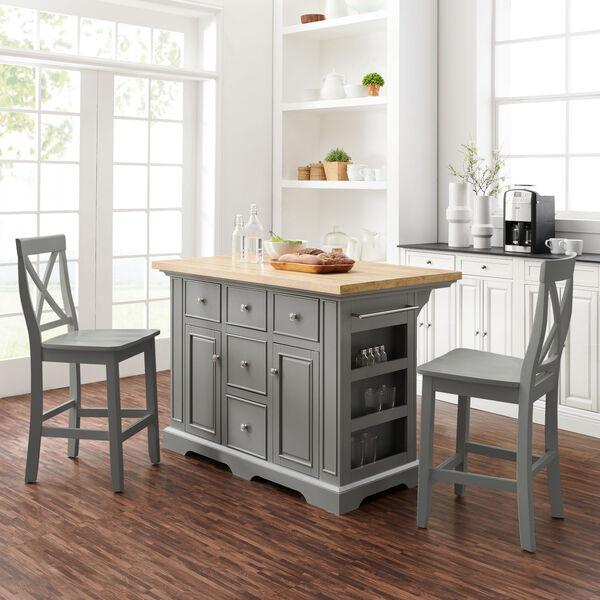 Julia Gray Wood Top Kitchen Island with X-Back Stool, 3-Piece, image 1