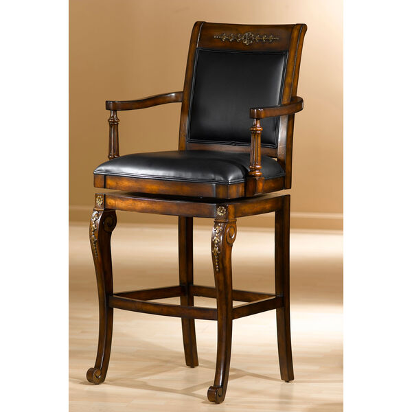 Douglas Distressed Cherry with Gold Highlights Wood Counter Stool with Square Swivel with Arms and Black Leather, image 1