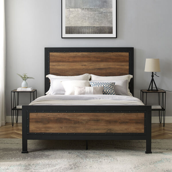 Queen Size Industrial Wood and Metal Bed - Rustic Oak, image 6