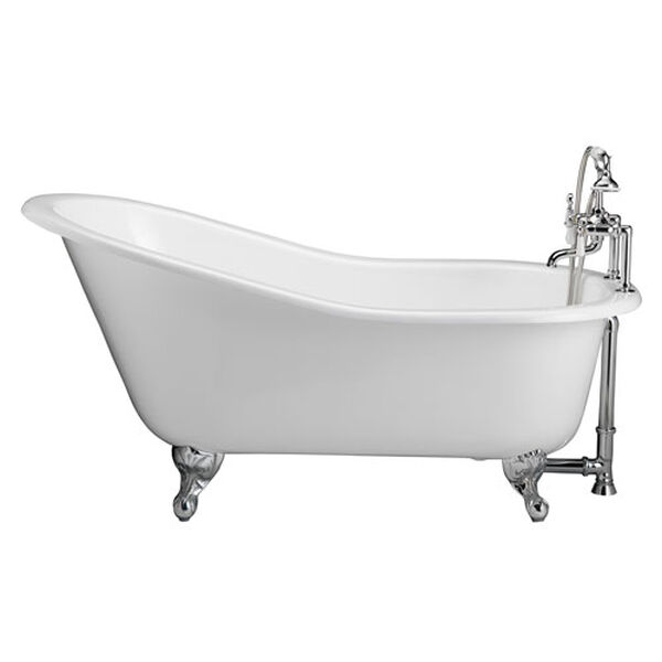 Polished Chrome Tub Kit 60-Inch Cast Iron Slipper, Tub Filler, Supplies, and Drain, image 1