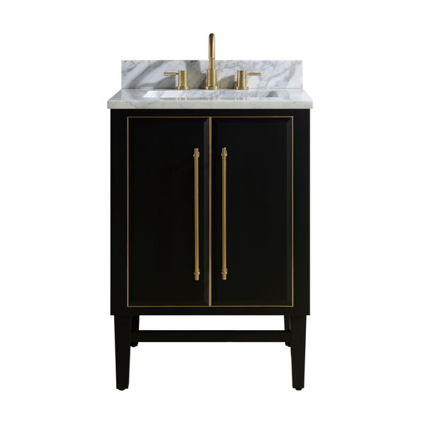 Black 25-Inch Bath vanity Set with Gold Trim and Carrara White Marble Top, image 1