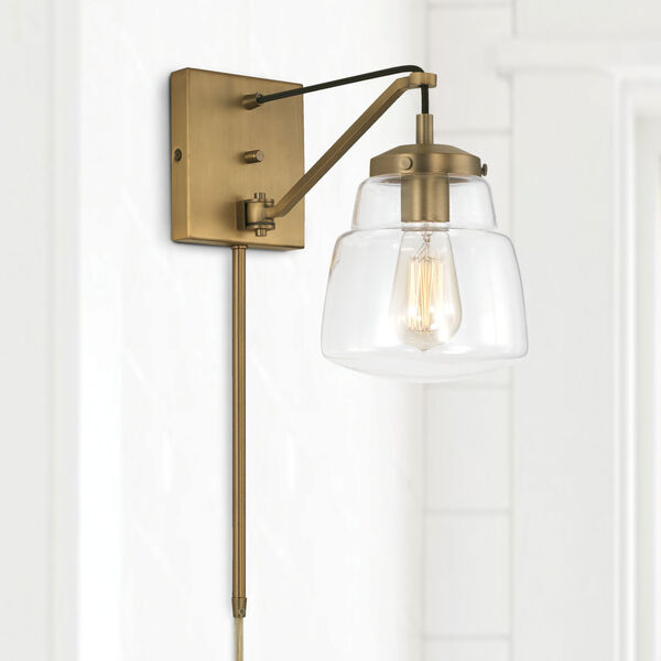 Dillon Aged Brass One-Light Dimmable Plug-In Wall Sconce with Clear Glass, image 3