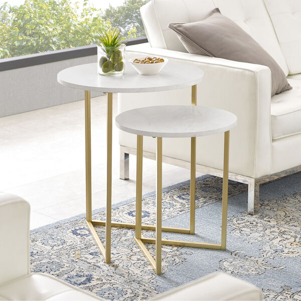 White Faux and Gold 20-Inch Two-Piece V-Leg Nesting Side Tables, image 2