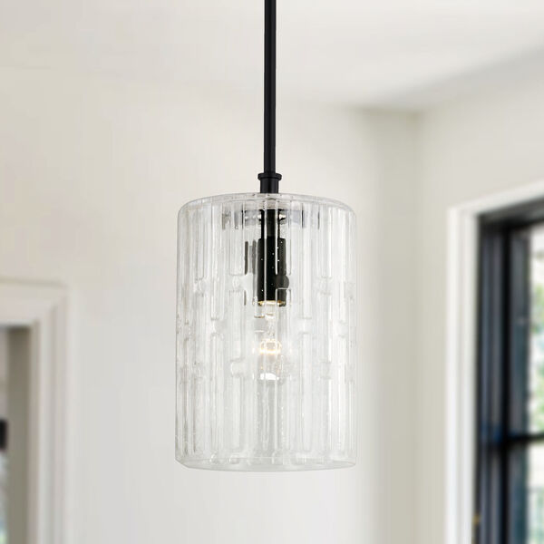 Emerson Matte Black One-Light Mini Pendant with Embossed Seeded Glass, image 2
