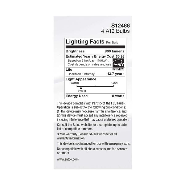 Soft White 2700K A19 LED Bulb, Set of Four, image 6