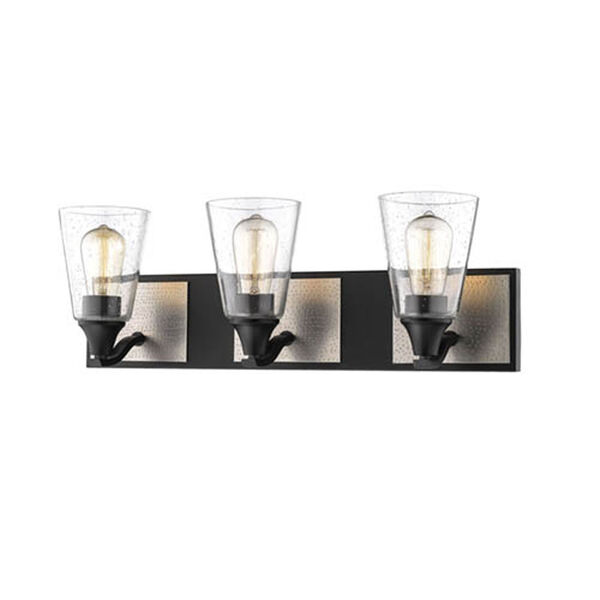 Matte Black and Brushed Pewter Three-Light Vanity with Clear Seeded Glass, image 1