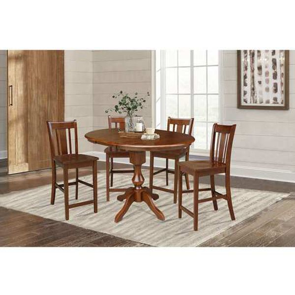 Espresso Round Counter Height Dining Table with 12-Inch Leaf and Stools, 5-Piece, image 2